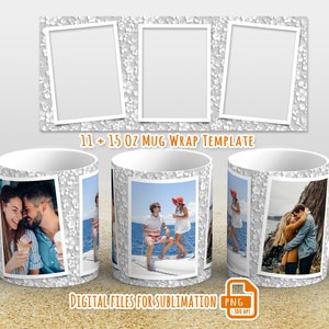 3 Photo frame coffee mug png wrap, Picture mug template for sublimation 11 and 15 oz