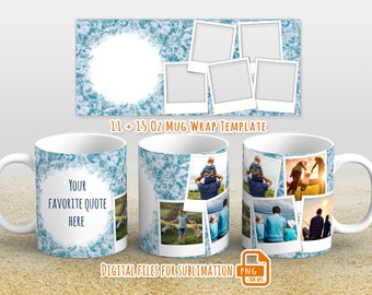 May include: Two white mugs with a blue and white watercolor design. The mugs have a space for a photo and text that says "Your Favorite Quote Here". The mugs are 11 and 15 ounces.