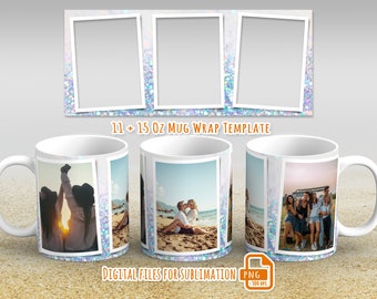 May include: Three white mugs with a glittery background and photo frames. The mugs are 11 and 15 ounces. The text "11 + 15 OZ MUG WRAP TEMPLATE" is at the top of the image. The text "DIGITAL FILES FOR SUBLIMATION" is at the bottom of the image. The text "PNG 300 DPI" is in a small box at the bottom right of the image.