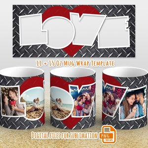 Liebesfoto Tasse Wrap png für 4 Bilder, Tassenvorlage für Sublimation 11 und 15 oz, Tassenverpackung mit Foto, Valentinstagstasse