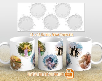 May include: Three white mugs with a watercolour-style design featuring circles with photos of people. The text "11 + 15 OZ MUG WRAP TEMPLATE" is at the top of the image. The text "DIGITAL FILES FOR SUBLIMATION" is at the bottom of the image. A small PNG icon is in the bottom right corner.