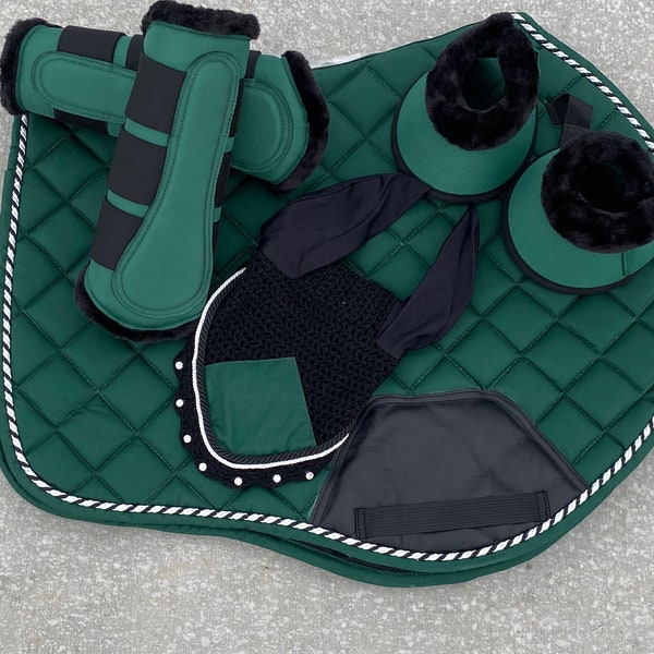 Hunter Green Saddle pad, Fly veil, Brushing Boots and bell boots