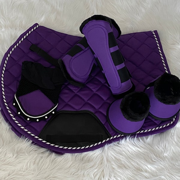 Purple Saddle pad, Fly veil, Brushing Boots and bell boots