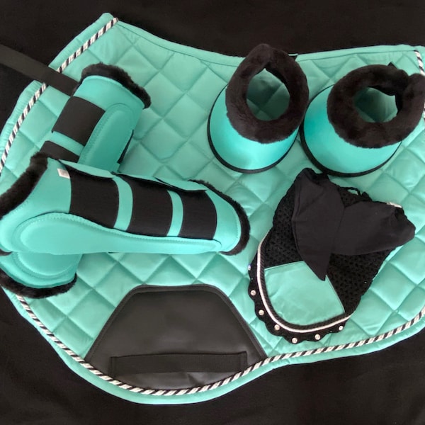 Mint Green Saddle pad, Fly veil, Brushing Boots and bell boots
