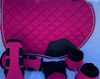 Hot Pink Saddle pad, Fly veil, Brushing Boots and bell boots