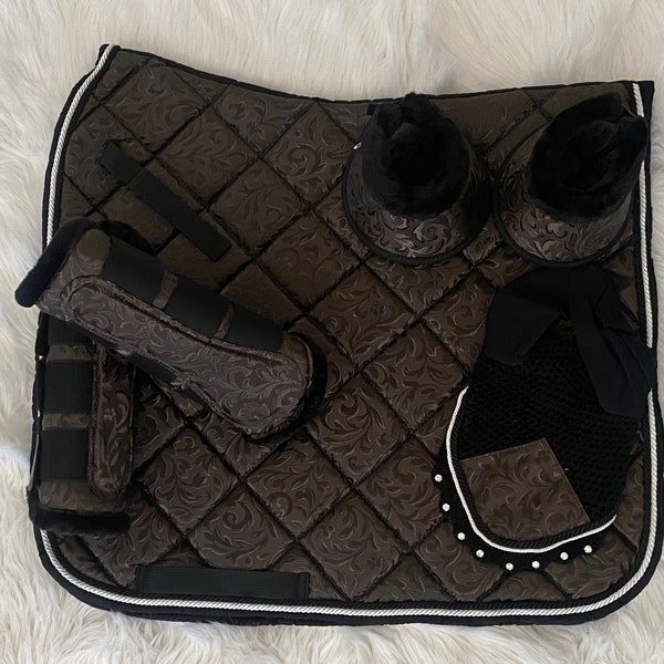 Brown Saddle pad, Fly veil, Brushing Boots and bell boots