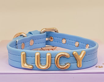 Personalized Dog Collar, Leather Baby Blue Dog Collar, Bling Dog Collar, Custom Name Dog Collar, Designer Dog Collar, Dog Jewelry