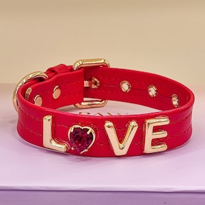 Red Leather Love Dog Collar, Heart Dog Collar With Swarovski Crystal, Christmas Dog Collar, Dog Collar With Name, Personalized Collar