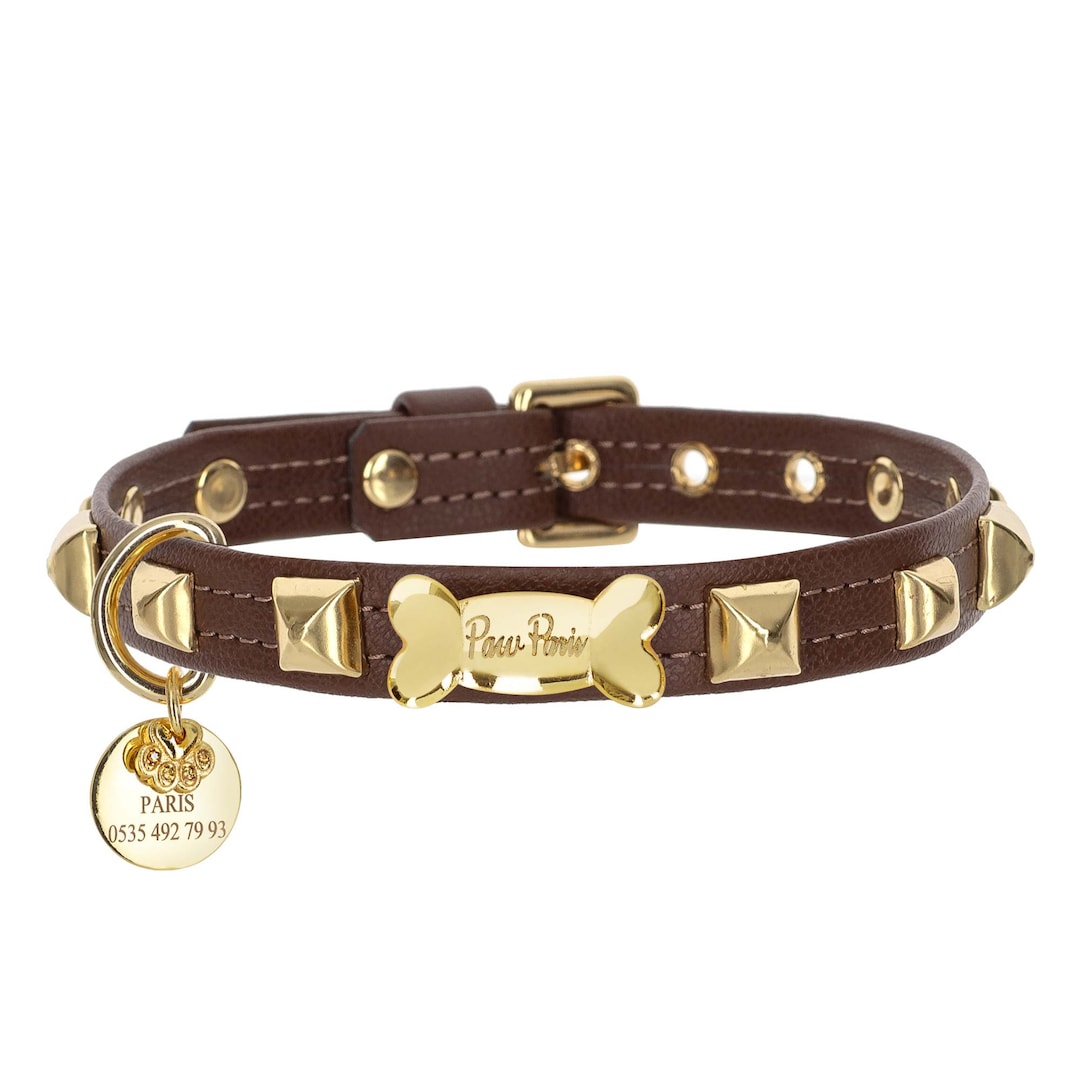 Brown Leather Dog Collars With Metal Accessories, Dog Collars With Name