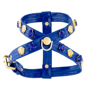 Blue Dog Harness With Medusa, Blue Leather Designer Dog Harness, Step-in, No-Pull, Luxury Dog Chest Harness, Swarovski Dog Harness