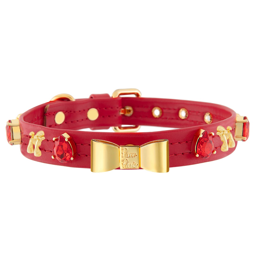 Red Leather Toy Poodle Collar With Swarovski Crystal Handmade Etsy
