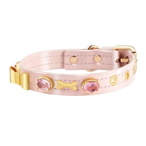 Pink Leather Dog Collar With Bones, Ribbon, Handmade Dog Collars, Dog Collar With Name, Swarovski Crystal Dog Collar, Luxury Dog Collar