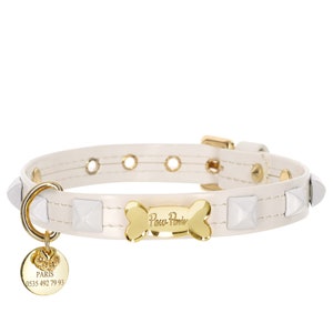 Colliers pour chien en cuir blanc avec accessoires en métal, Colliers pour chien avec porte-nom, carte d'identité, sur mesure, fait main, fille, garçon, mariage