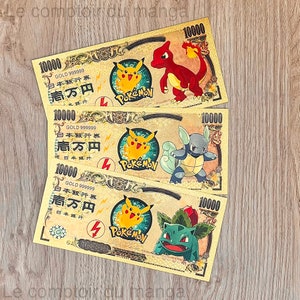 Pokemon - Billets Nippon Ginko - Lot/Individuel -Starter-Reptincel/Carabaffe/Herbizarre-Billets de banque de collection-Plaqué Or 24K-Gravés