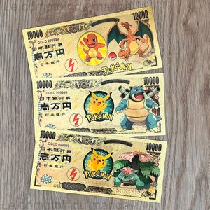 Pokemon - Billets Nippon Ginko - Lot/Individuel -Starter-Dracaufeu/Tortank/Florizarre- Billets de banque de collection -Plaqué Or 24K-Gravés
