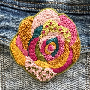 Abstract Flower Hand Embroidered Brooch Pin - Pink, Gold, Green Textured Stitches