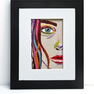 Finished Embroidery Wall Art - Colorful Abstract Portrait Face, 8x10 Matted Art, Cotton Floss