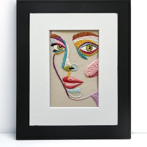 Finished Embroidery Wall Art - Colorful Abstract Portrait, 8x10 Matted Art, Cotton Floss