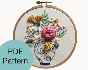 Blue Vase and Flowers Hand Embroidery Pattern - PDF Instant Download for Advanced Beginners and Intermediate Stitchers