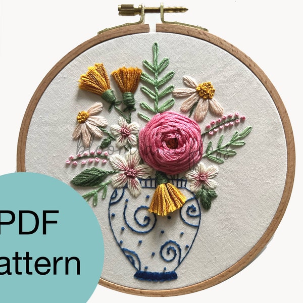 Blue Vase and Flowers Hand Embroidery Pattern - PDF Instant Download for Advanced Beginners and Intermediate Stitchers