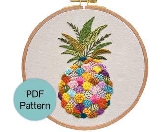 Patrón de bordado a mano de piña de patchwork tropical - Descarga instantánea en PDF para puntadas intermedias y avanzadas