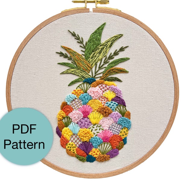 Motif de broderie à la main en patchwork tropical d'ananas - Téléchargement instantané au format PDF pour les brodeurs de niveau intermédiaire et avancé