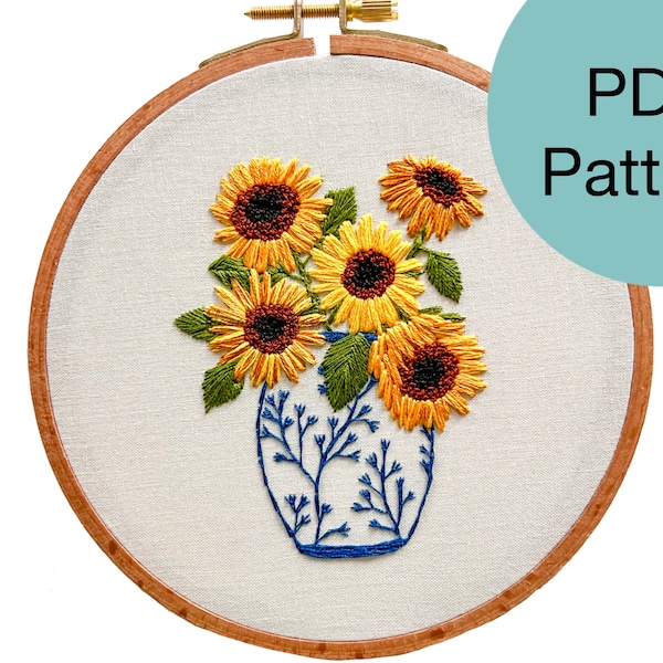 Tournesols dans un vase bleu Motif de broderie à la main - Téléchargement instantané PDF pour les débutants avancés et les brodeurs intermédiaires