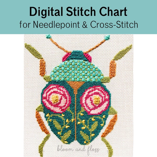 Patrón de escarabajo floral para tapicería y punto de cruz – Descarga del gráfico digital de puntos