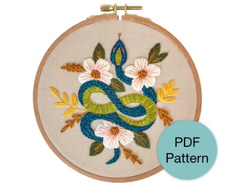 Garden Snake With Flowers Hand Embroidery Pattern - PDF Instant Download for Advanced Beginners and Intermediate Stitchers