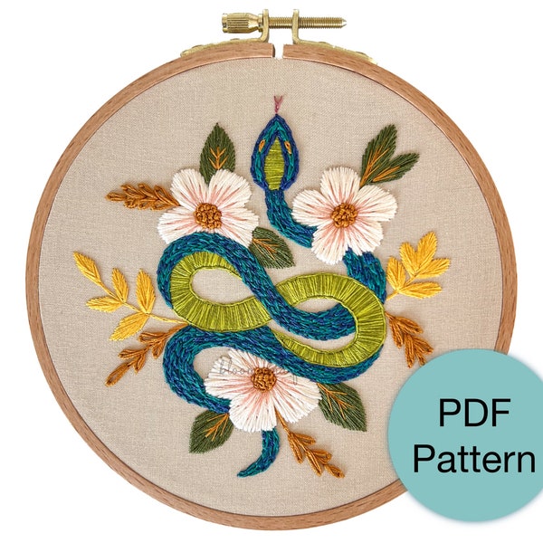 Garden Snake With Flowers Hand Embroidery Pattern - PDF Instant Download for Advanced Beginners and Intermediate Stitchers