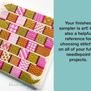 K&ouml;nnte beinhalten: Ein Stickmuster-Sampler mit einem Gitter aus rechteckigen Bl&ouml;cken in Olivgr&uuml;n, leuchtendem Pink und Orange, wobei jeder Block ein einzigartiges strukturiertes Stichmuster aufweist. Der Text lautet: Your finished sampler is art! And also a helpful reference for choosing stitches on all of your future needlepoint projects.