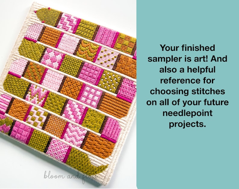 K&ouml;nnte beinhalten: Ein Stickmuster-Sampler mit einem Gitter aus rechteckigen Bl&ouml;cken in Olivgr&uuml;n, leuchtendem Pink und Orange, wobei jeder Block ein einzigartiges strukturiertes Stichmuster aufweist. Der Text lautet: Your finished sampler is art! And also a helpful reference for choosing stitches on all of your future needlepoint projects.