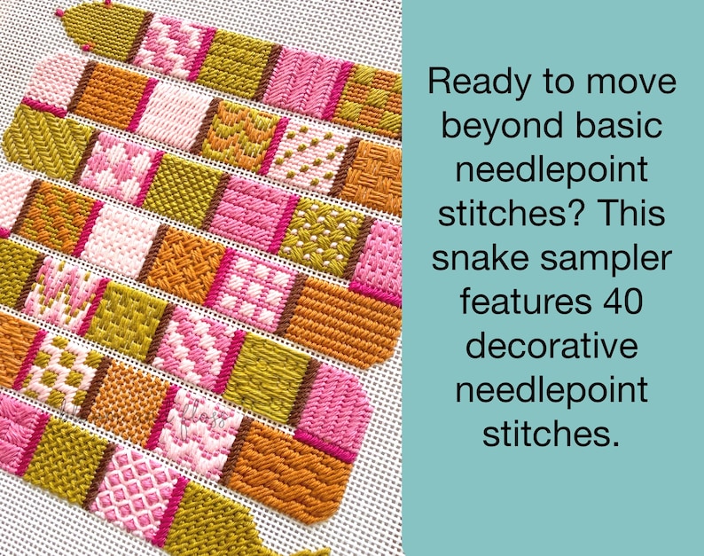 K&ouml;nnte beinhalten: Ein Nadelstich-Schlangen-Muster mit 40 dekorativen Stichen in Rosa, Hellrosa, Olivgr&uuml;n und Senfgelb auf einem wei&szlig;en Leinwandgitter. Der Text lautet: Ready to move beyond basic needlepoint stitches? This snake sampler features 40 decorative needlepoint stitches.