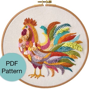 Patrón de bordado a mano de gallo colorido - Descarga instantánea PDF para puntadas intermedias y avanzadas