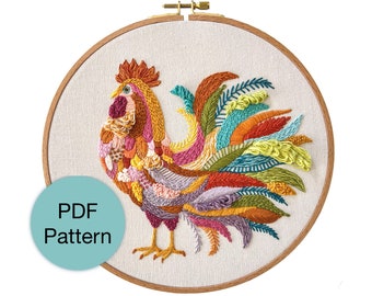 Colorful Rooster Hand Embroidery Pattern - PDF Instant Download for Intermediate and Advanced Stitchers