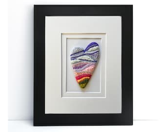 Hand Embroidered Heart Wall Art: Abstract Sunset, Merino Wool Felt (8x10 Matted)