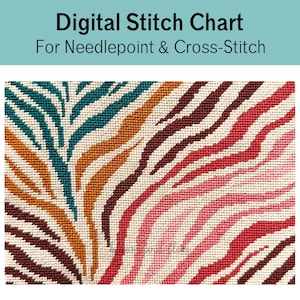 Puede incluir: Un gráfico de puntadas digital para bordado y punto de cruz que presenta una textura de tela tejida con un patrón abstracto repetitivo similar a una cebra en tonos verde azulado, amarillo mostaza, marrón oscuro, rosa claro y rojo vibrante.