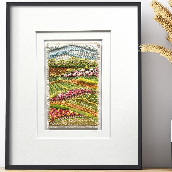 Finished Embroidery Wall Art - Abstract Spring Landscape, 10x8 Matted Art, Cotton Floss
