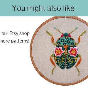 May include: Embroidered insect design in a wooden hoop. The bug features teal, orange, pink, and green colors. The text "You might also like:" and "Visit our Etsy shop for more patterns!" are visible.