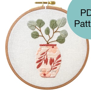 Boho Floral Vase Hand Embroidery Pattern: Eucalyptus Leaves (PDF Download)
