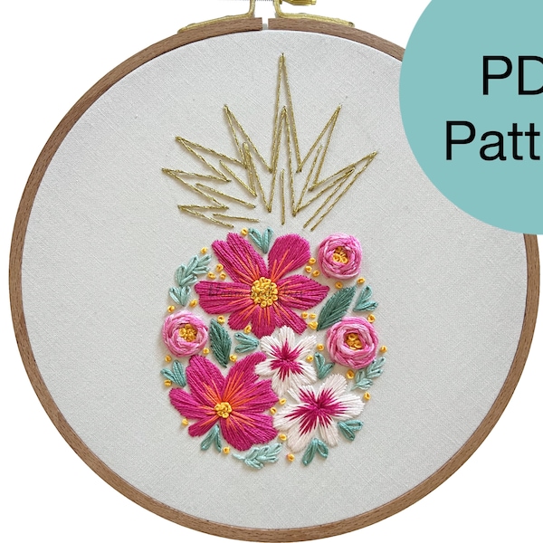 Tropical Floral Pineapple Hand Embroidery Pattern - PDF Instant Download for Advanced Beginners and Intermediate Stitchers