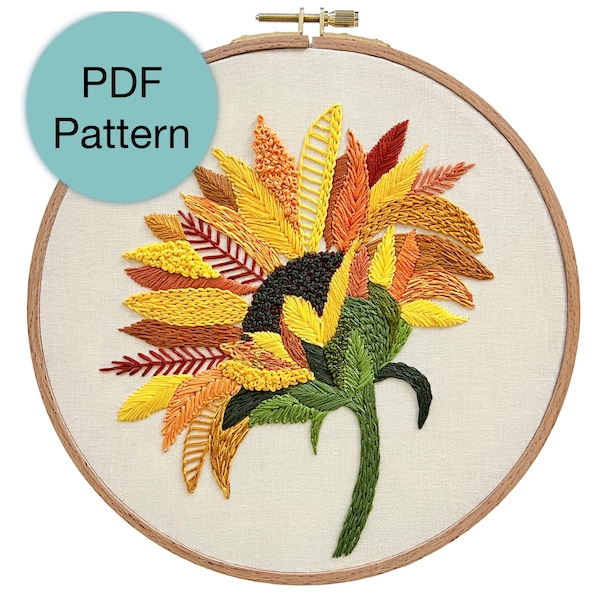 Abstract Sunflower Hand Embroidery Pattern - PDF Instant Download for Intermediate and Advanced Stitchers