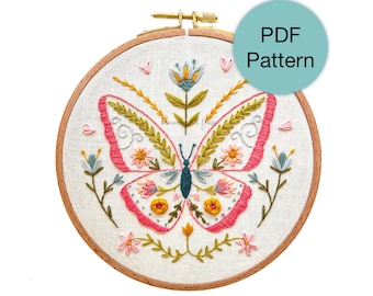 Folk Art Butterfly Hand Embroidery Pattern - PDF Instant Download for Advanced Beginners and Intermediate Stitchers