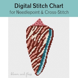 May include: A digital stitch chart for needlepoint and cross-stitch featuring a pixelated seashell design in shades of dark red, light pink, and blue. The text Digital Stitch Chart for Needlepoint & Cross-Stitch and bloom and floss are visible.