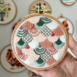 Finished Embroidery Hoop Art - Abstract Scallop Pattern in Soft, Beachy Colors