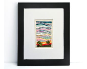 Handmade Embroidered Sunset Landscape: Merino Wool Felt, 8x10 Matted Art