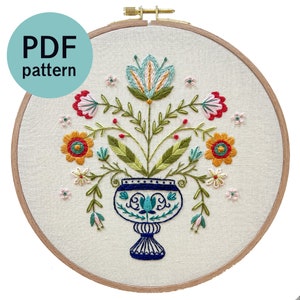 Folk Art Flower Vase Hand Embroidery Pattern (PDF Download)