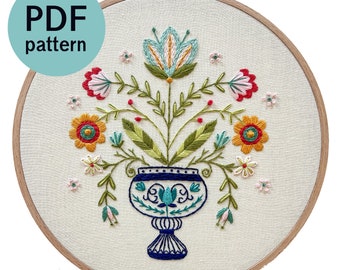 Folk Art Flower Vase Hand Embroidery Pattern - PDF Instant Download for Advanced Beginners and Intermediate Stitchers