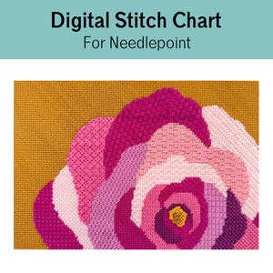May include: A digital stitch chart for needlepoint featuring a floral design. The image displays a rose pattern stitched in shades of magenta, pink, and light pink against a mustard yellow background. The text Digital Stitch Chart For Needlepoint is visible.