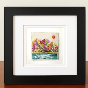 Framed Hand Embroidered Art - Abstract Mountain Landscape Embroidery With Black Frame